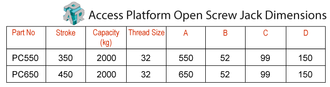 Access Platform Open Screw Jack Dimensions